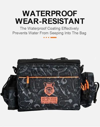 Black waterproof fishing tackle bag with multiple front storage pockets and orange trim