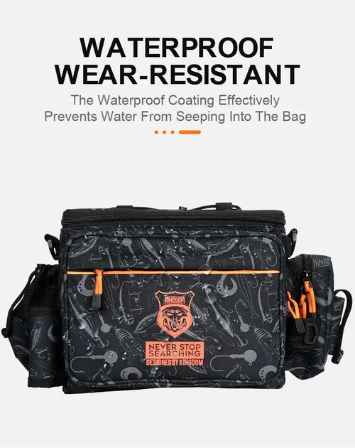 Black waterproof fishing tackle bag with multiple front storage pockets and orange trim