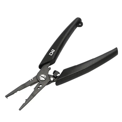 Fishing hook remover and line cutter pliers with black ABS handles and silver jaws