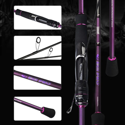 Purple squid jigging rod with carbon fiber reel seat and multiple guide rings