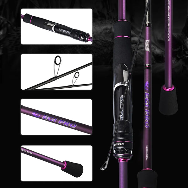 Purple squid jigging rod with carbon fiber reel seat and multiple guide rings