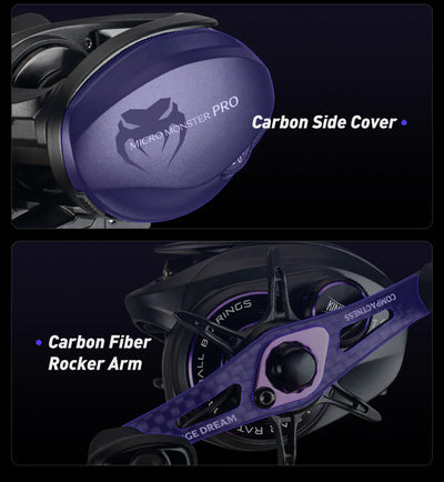 Black and purple baitcasting reel with carbon side cover detail