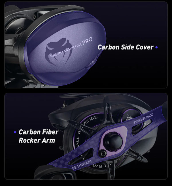Black and purple baitcasting reel with carbon side cover detail