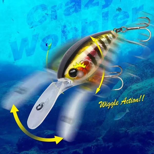 Floating crankbait lure, silver-white with yellow and black patterning, 3 treble hooks.