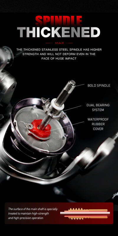 Spinning fishing reel with red spool tension knob and silver alloy body, sealed design