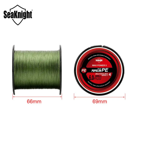 Green braided fishing line spool with PE label and size dimensions 66mm and 69mm.