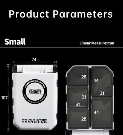 Small fishing accessory box, white exterior with black interior divided slots