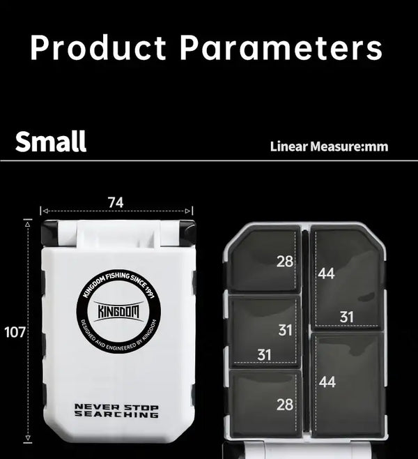 Small fishing accessory box, white exterior with black interior divided slots