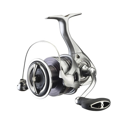 Spinning fishing reel with chrome spool, white line, and black handle grip