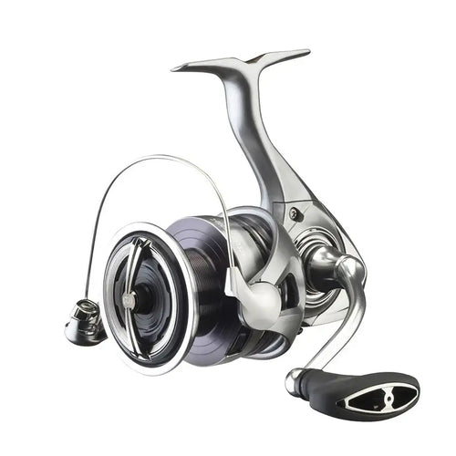 Spinning fishing reel with chrome spool, white line, and black handle grip