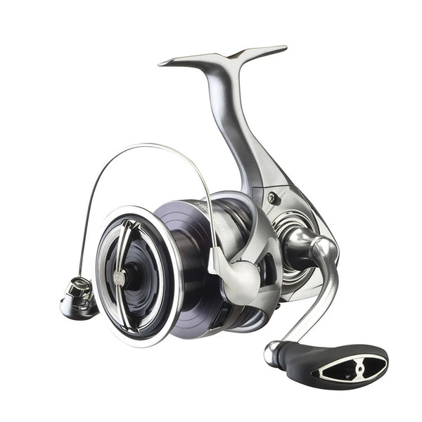 Spinning fishing reel with chrome spool, white line, and black handle grip