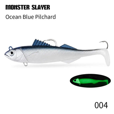 Ocean Blue Pilchard soft swimbait lure with jig head and hook; green color swatch