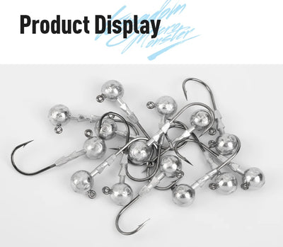 Assorted triple-edge lead head jig hooks with round silver lead heads and curved hooks