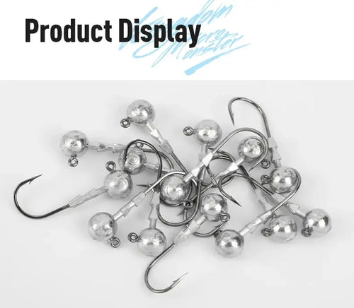 Assorted triple-edge lead head jig hooks with round silver lead heads and curved hooks