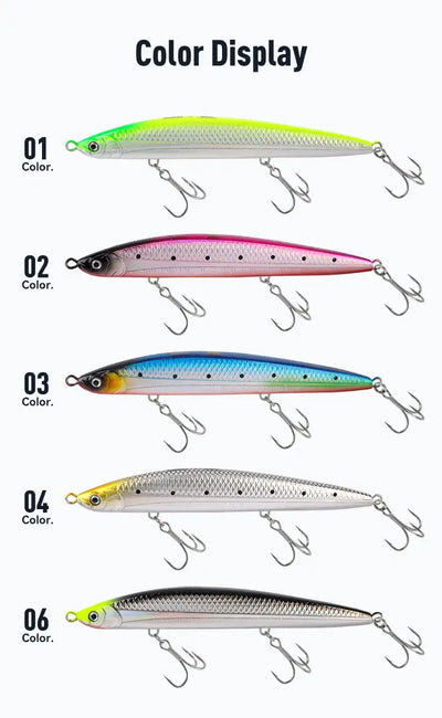Sinking pencil lure color display showing multiple finishes with 3 treble hooks each