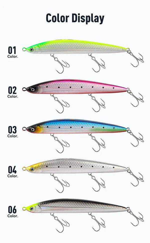 Sinking pencil lure color display showing multiple finishes with 3 treble hooks each
