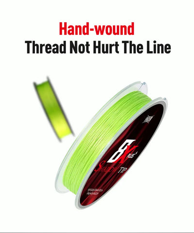Bright green braided fishing line on spool with loose line strand