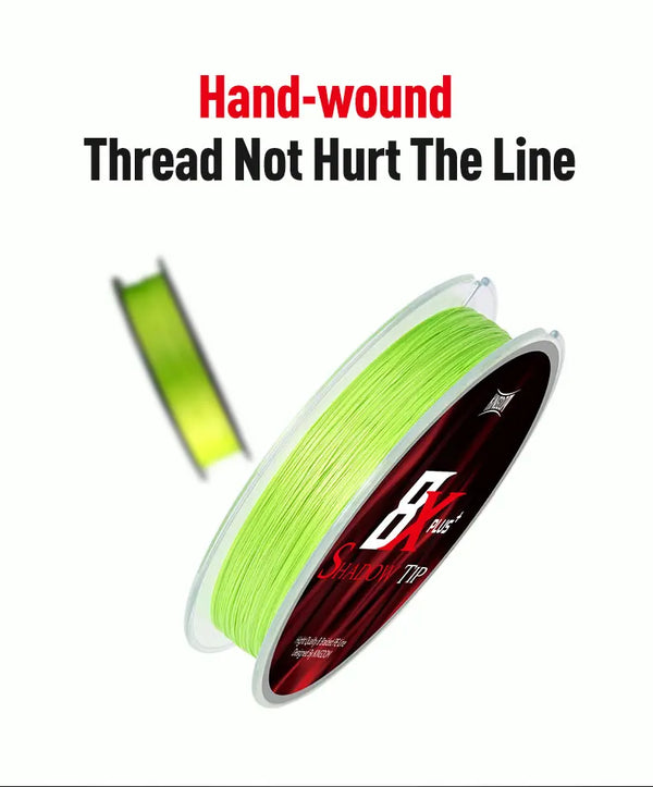 Bright green braided fishing line on spool with loose line strand