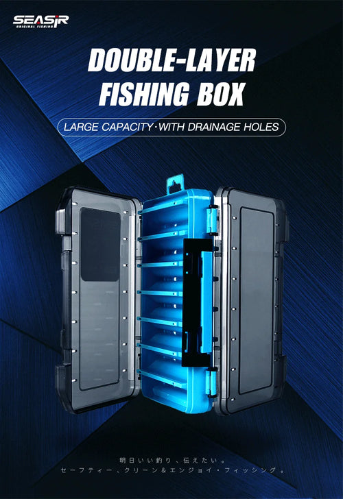 Double-layer double-sided fishing tackle box with hinged lid and inner dividers