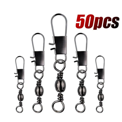 50-pack black nickel snap swivel fishing connectors with rolling swivel and snap clips