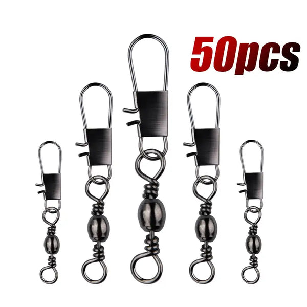 50-pack black nickel snap swivel fishing connectors with rolling swivel and snap clips