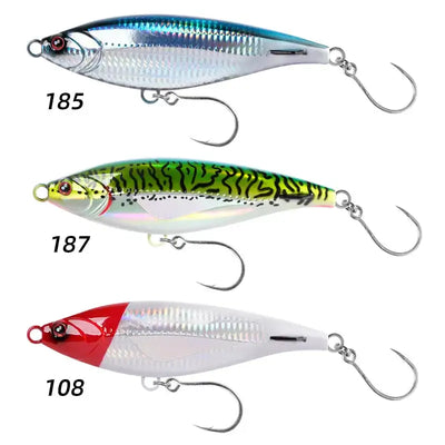 Three stickbait lures: blue-silver, green tiger pattern, and red-white with treble hooks
