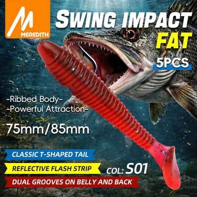 Meredith paddle tail soft plastic 5-pack, red ribbed body, paddle tail, hooked.
