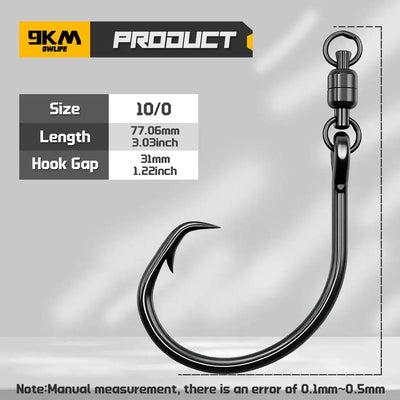 Circle fishing hook with swivel, black high-carbon steel, 10/0 size