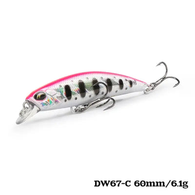 Mini sinking minnow crankbait, DW67-C, white/pink with black spots, 60mm/6.1g, 2 treble hooks