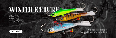 Set of ice fishing spinner lures with treble hooks and colorful transparent bodies.
