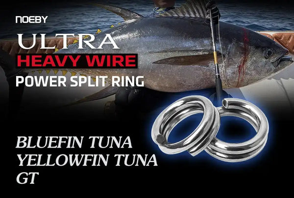 Stainless steel heavy wire power split rings shown with Bluefin tuna and GT theme