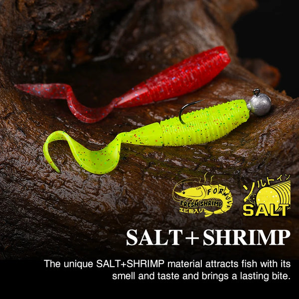 Red and lime green soft grub worm lures with curled tails and jig heads
