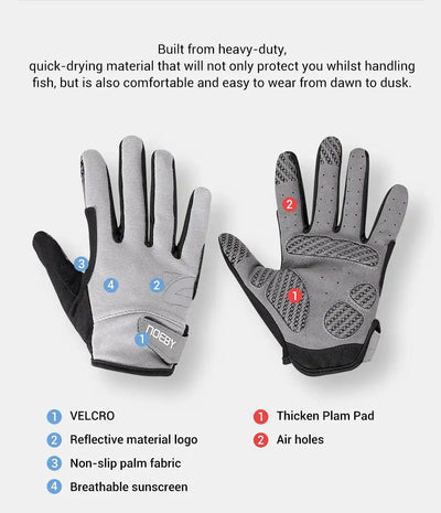 White fishing gloves with black thick palm pad, air holes, and non-slip fingertip texture