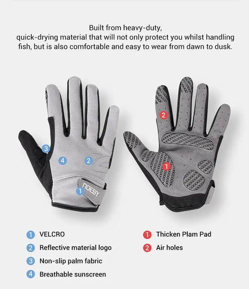 White fishing gloves with black thick palm pad, air holes, and non-slip fingertip texture