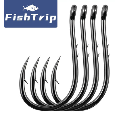 Set of black offset circle baitholder fishing hooks with barbed points, multiple hooks shown