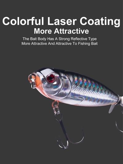 Shallow water topwater fishing lure, metallic silver-blue with red eye and rotating tail