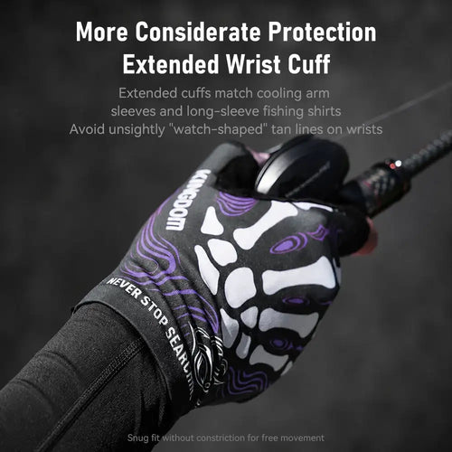 Fingerless fishing gloves with long wrist cuffs, black with purple and white paw design.