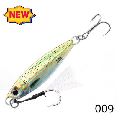 Metal jig fishing lure, pale yellow-green body with split rings and treble hooks