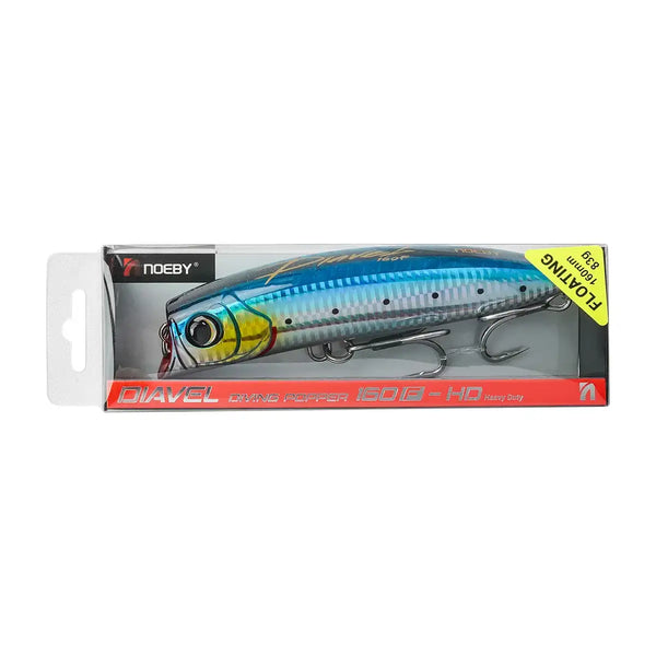 Blue diving popper fishing lure in retail box packaging with two treble hooks