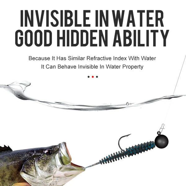 Fishing line with hook and lure, positioned over water to show clear, invisible visibility