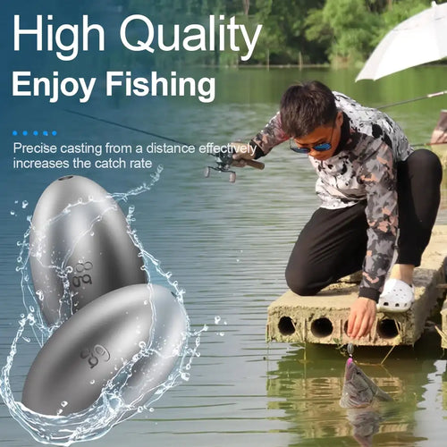 Dark gray egg sinker with splash, rounded shape and drilled line hole
