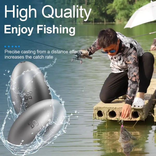 Dark gray egg sinker with splash, rounded shape and drilled line hole