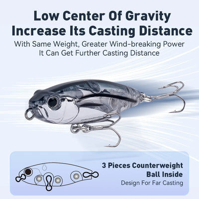 Metallic black and silver topwater pencil fishing lure with two treble hooks