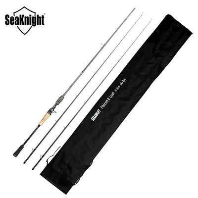 Set of three black fishing rods with cork handle sections in a storage bag