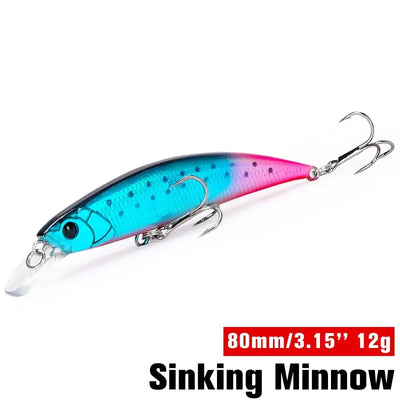 Blue and pink sinking minnow lure with treble hooks, 80mm/12g