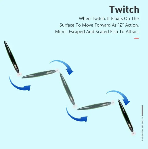 Three minnow lures showing twitch action with treble hooks