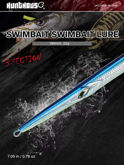 Hunthouse 180mm sinking trolling pencil lure, blue needle bait with treble hook