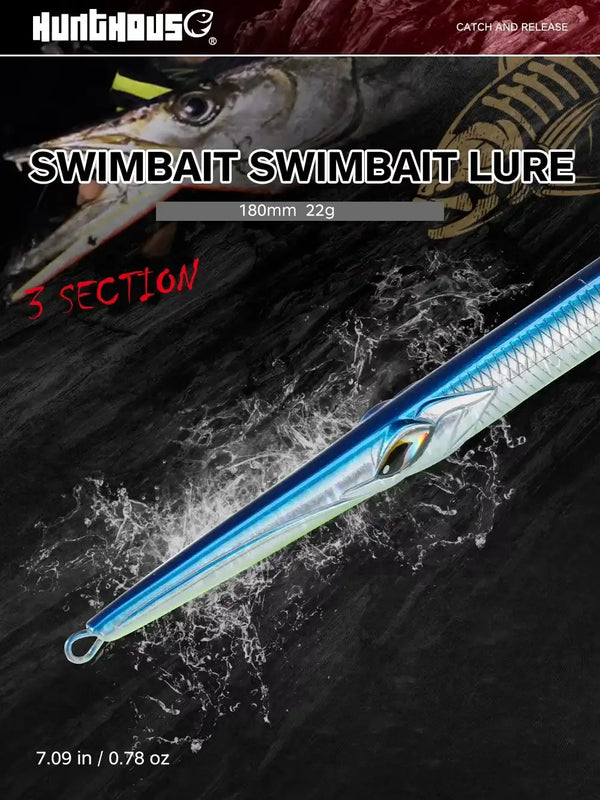Hunthouse 180mm sinking trolling pencil lure, blue needle bait with treble hook