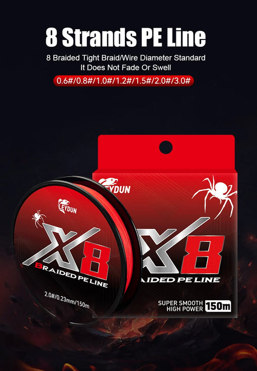 Red braided PE fishing line spool and product box shown together, 150m line