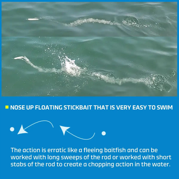 Floating stickbait nose-up action illustration with water splash and motion arrows